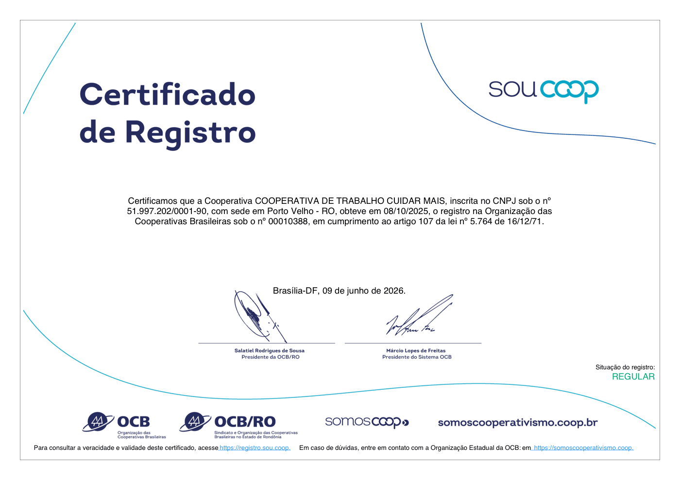 Certificado de Registro da Cooperativa de Trabalho Cuidar Mais no Sistema OCB, nº 00010388